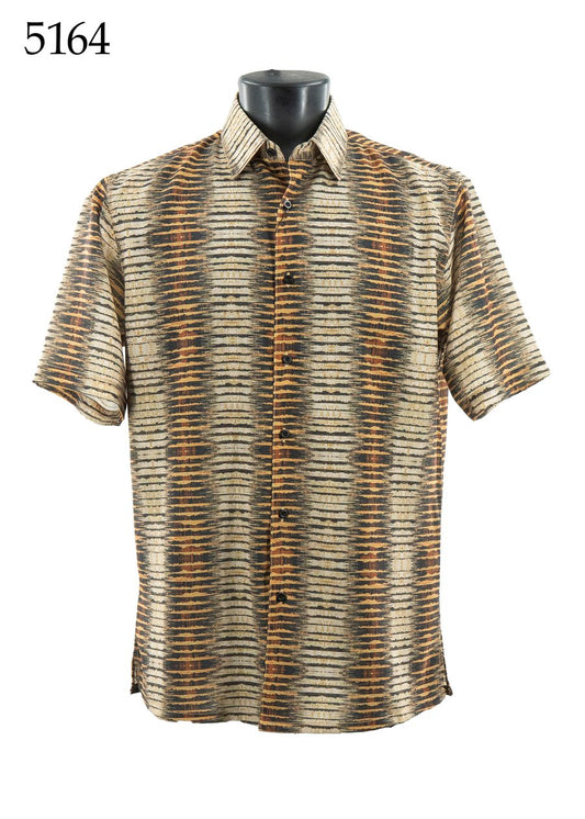 Bassiri Short Sleeve Shirt 5164 by Bassiri features a regular fit and brown, black, and beige horizontal stripes, shown on a mannequin torso. Number 5164 appears in the top left corner.