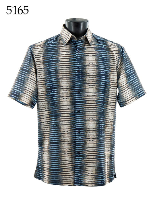 The Bassiri Short Sleeve Shirt 5165 by Bassiri features a blue and beige horizontal striped pattern in a regular fit, shown on a black mannequin torso with the number 5165 in the top left corner.