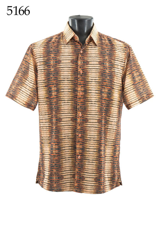 The Bassiri Short Sleeve Shirt 5166 features a regular fit and brown, beige, and orange stripes, shown on a black mannequin torso. The number 5166 appears in the top left corner. Brand: Bassiri.
