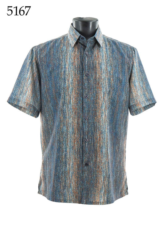 The Bassiri Short Sleeve Shirt 5167 by Bassiri features a regular fit, short sleeves, and a multicolored vertical textured pattern. It is displayed on a mannequin with "5167" shown in the top left corner.