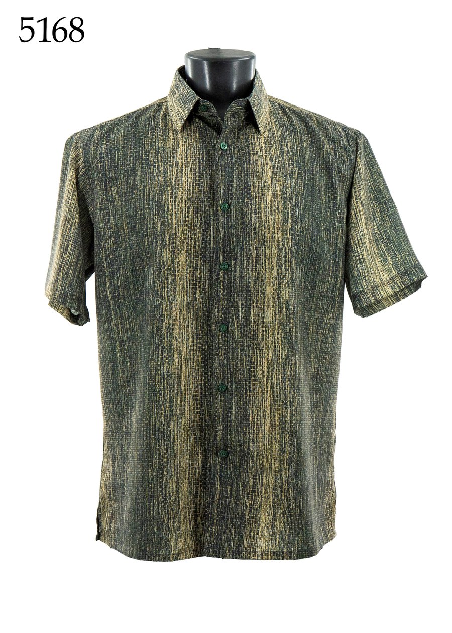 The Bassiri Short Sleeve Shirt 5168 by Bassiri is a regular fit, button-up with green and yellow vertical textured pattern, shown on a mannequin. The number 5168 appears in the top left corner.