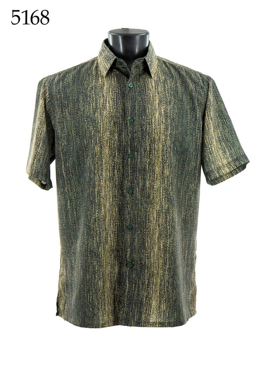 The Bassiri Short Sleeve Shirt 5168 by Bassiri is a regular fit, button-up with green and yellow vertical textured pattern, shown on a mannequin. The number 5168 appears in the top left corner.
