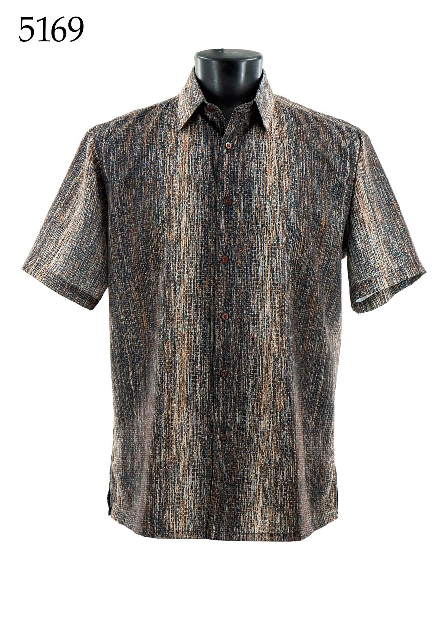 The Bassiri Short Sleeve Shirt 5169 by Bassiri features a regular fit and textured, multi-colored vertical stripes, shown on a black mannequin torso with the number 5169 in the top left corner.