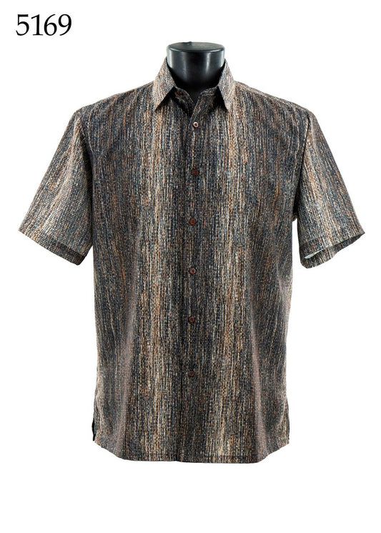 The Bassiri Short Sleeve Shirt 5169 by Bassiri features a regular fit and textured, multi-colored vertical stripes, shown on a black mannequin torso with the number 5169 in the top left corner.