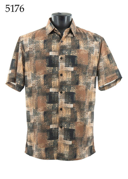 The Bassiri Short Sleeve Shirt 5176 by Bassiri features a regular fit and an abstract square pattern in brown, black, and beige. Displayed on a mannequin with "5176" shown in the top left corner.