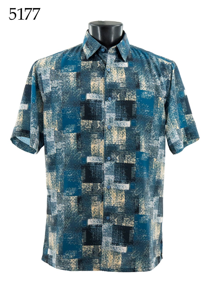 The Bassiri Short Sleeve Shirt 5177 by Bassiri features a regular fit, button-up design with blue, black, and beige abstract squares, shown on a mannequin torso with "5177" in the top left corner.