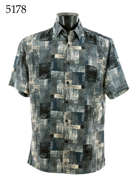 The Bassiri Short Sleeve Shirt 5178 by Bassiri features a regular fit and geometric blue, black, and beige pattern. Displayed on a mannequin torso with "5178" in the top left corner.