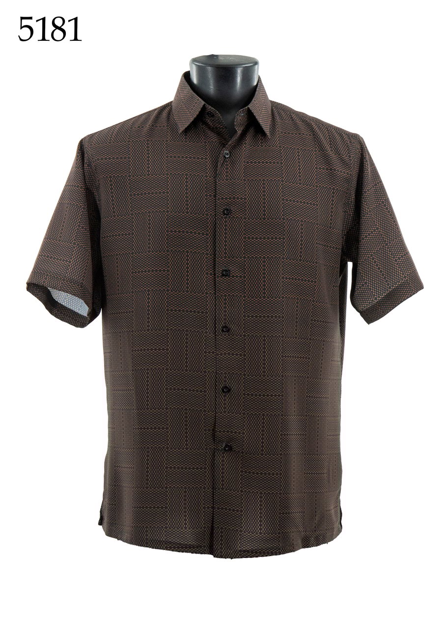 The Bassiri Short Sleeve Shirt 5181 by Bassiri, featuring a brown regular fit with a subtle checkered pattern, is displayed on a black mannequin torso. The number 5181 appears in the top left corner.
