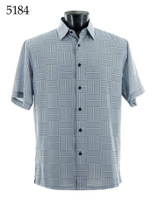 Bassiri Short Sleeve Shirt 5184 by Bassiri shown on a mannequin torso features a black and white geometric pattern, with the number 5184 in the top left corner.