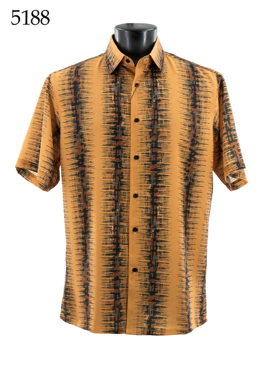 Bassiri Short Sleeve Shirt 5188 by Bassiri, featuring a regular fit, brown base, and vertical abstract black and dark brown stripes. Displayed on a mannequin torso with number 5188 in the top left corner.