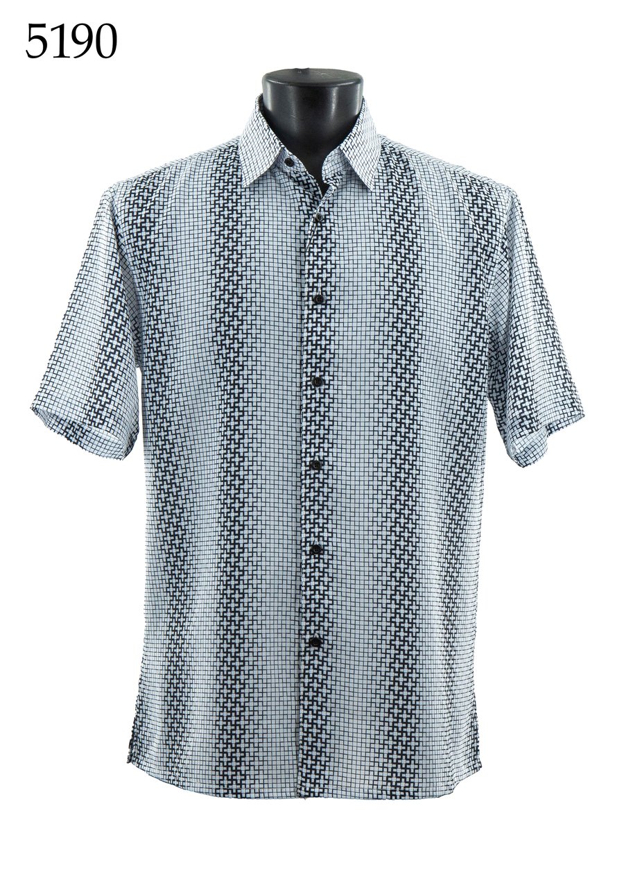 Bassiri Short Sleeve Shirt 5190 by Bassiri, featuring a regular fit and black & white geometric pattern, shown on a black mannequin torso. "5190" appears in the top left corner.