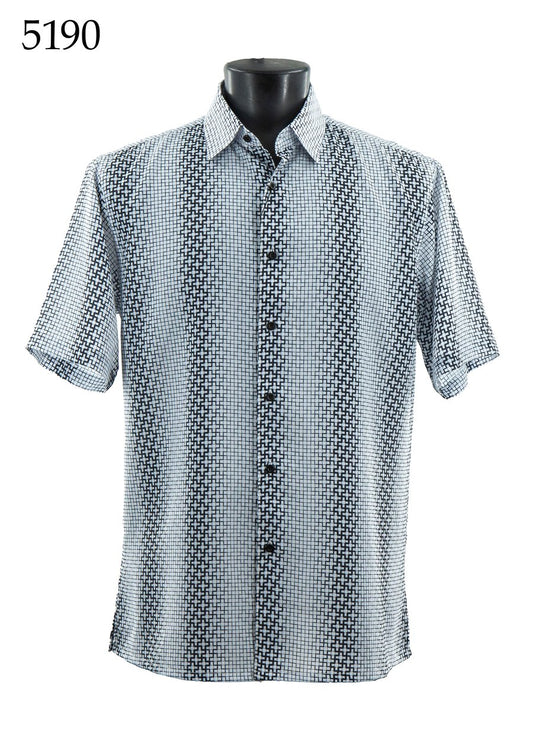 Bassiri Short Sleeve Shirt 5190 by Bassiri, featuring a regular fit and black & white geometric pattern, shown on a black mannequin torso. "5190" appears in the top left corner.