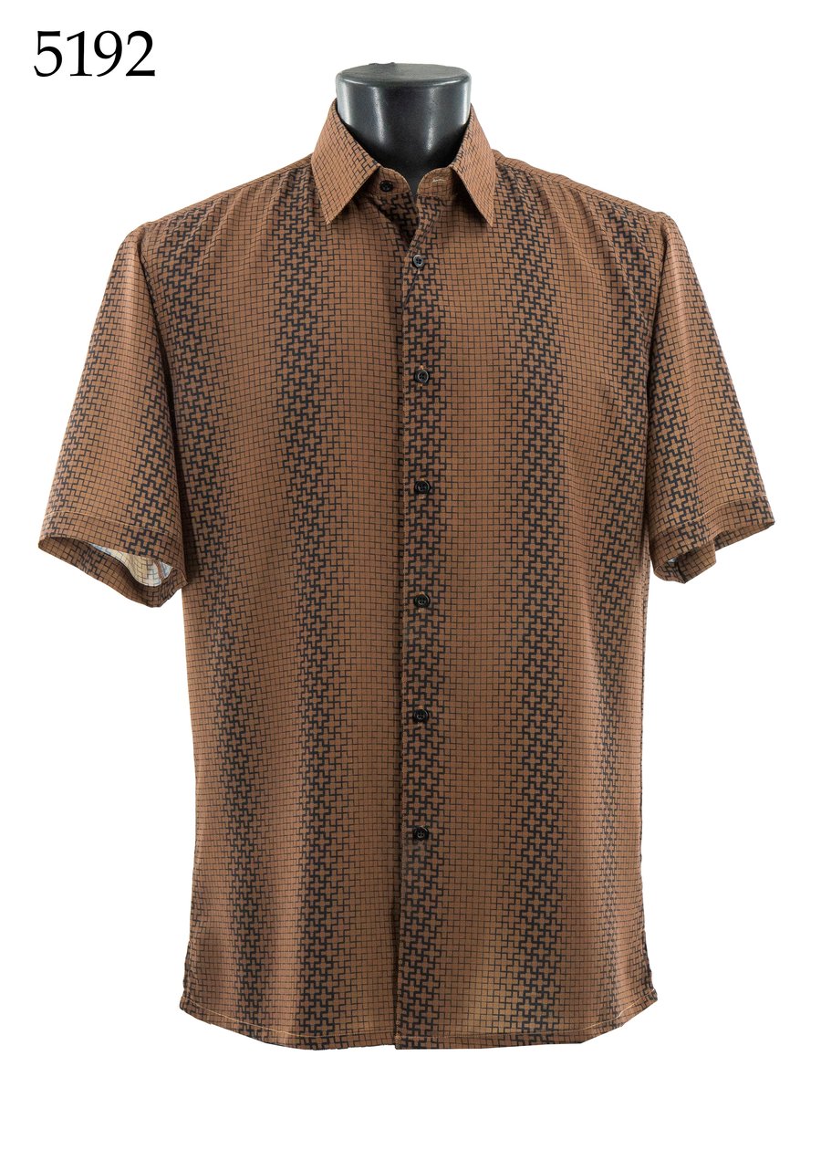 The Bassiri Short Sleeve Shirt 5192 by Bassiri features a brown regular fit with a small dark geometric pattern, shown on a black mannequin torso. The number 5192 is displayed in the top left corner.