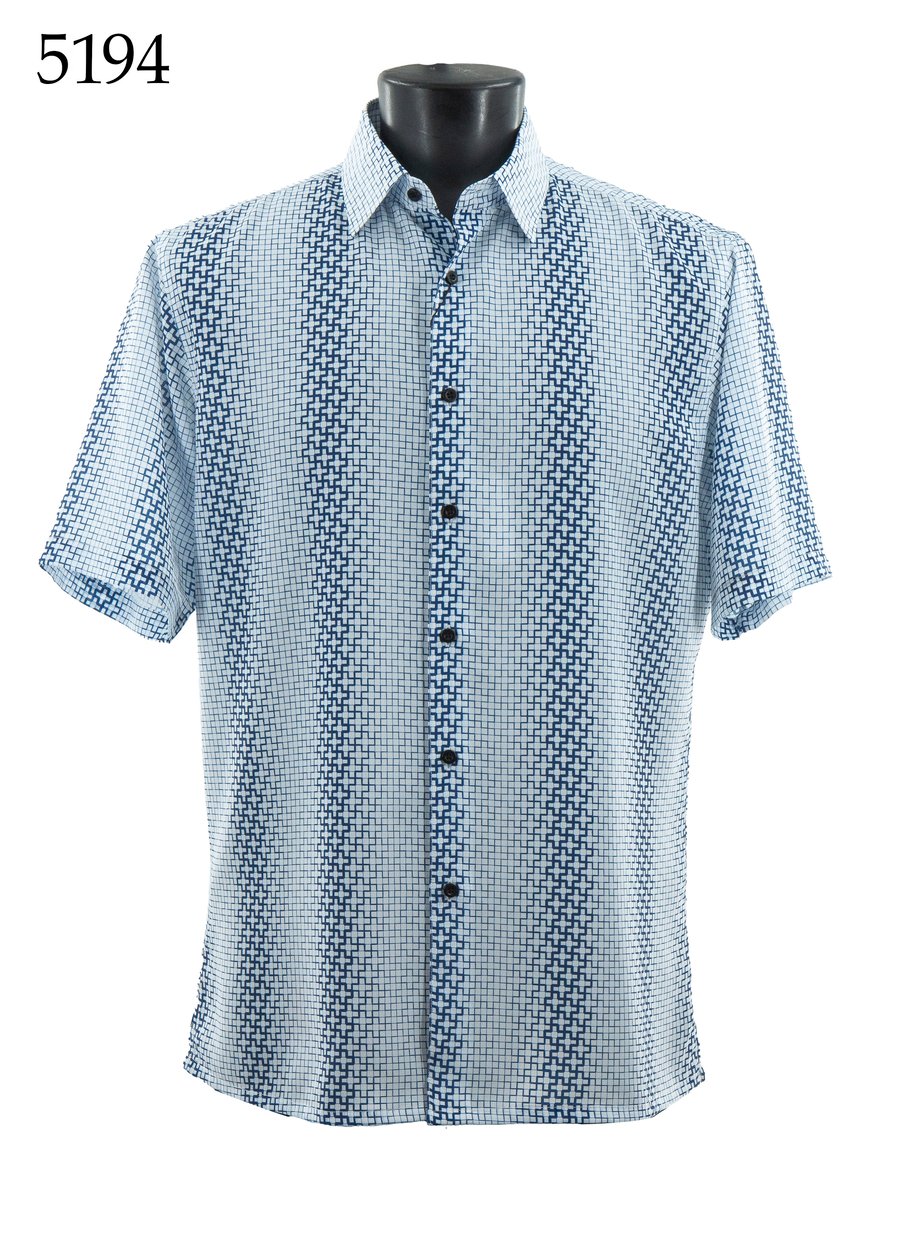 Bassiri Short Sleeve Shirt 5194 by Bassiri, featuring a regular fit and blue geometric pattern on a light background, displayed on a mannequin with the number 5194 in the top left corner.