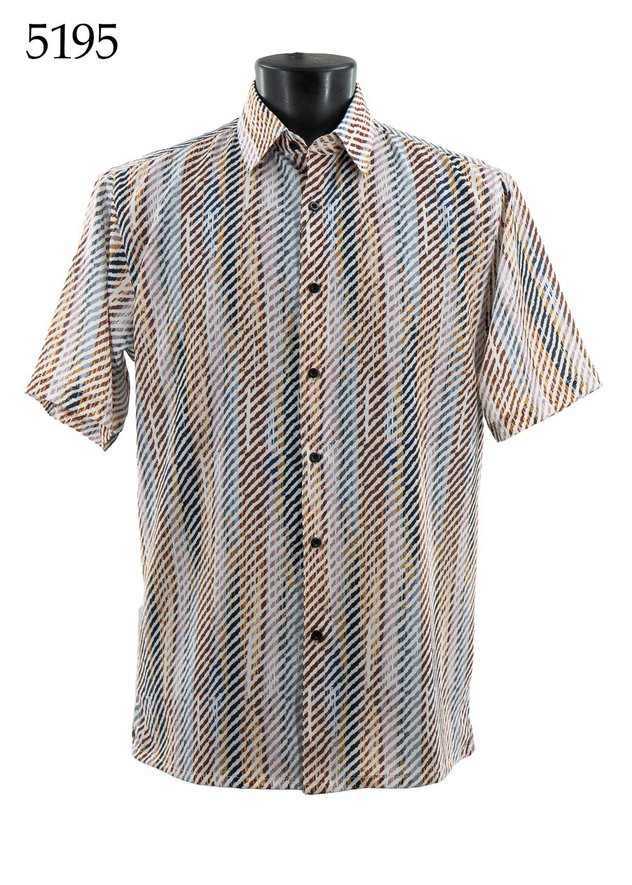 The Bassiri Short Sleeve Shirt 5195 by Bassiri, featuring a regular fit and multicolored diagonal stripes, is shown on a black mannequin torso with the number 5195 in the top left corner.