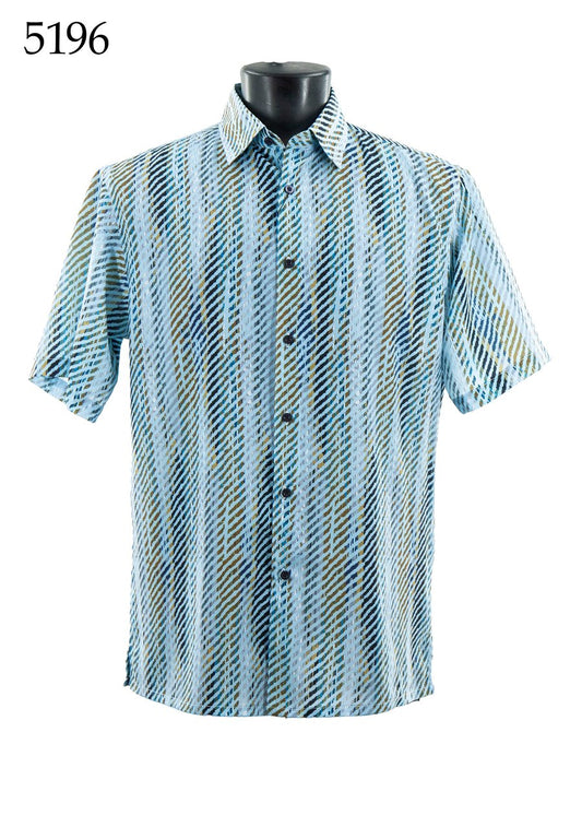 The Bassiri Short Sleeve Shirt 5196 by Bassiri, shown on a black mannequin torso, features a regular fit and blue, green, and white diagonal stripes. The number 5196 is displayed in the top left corner.