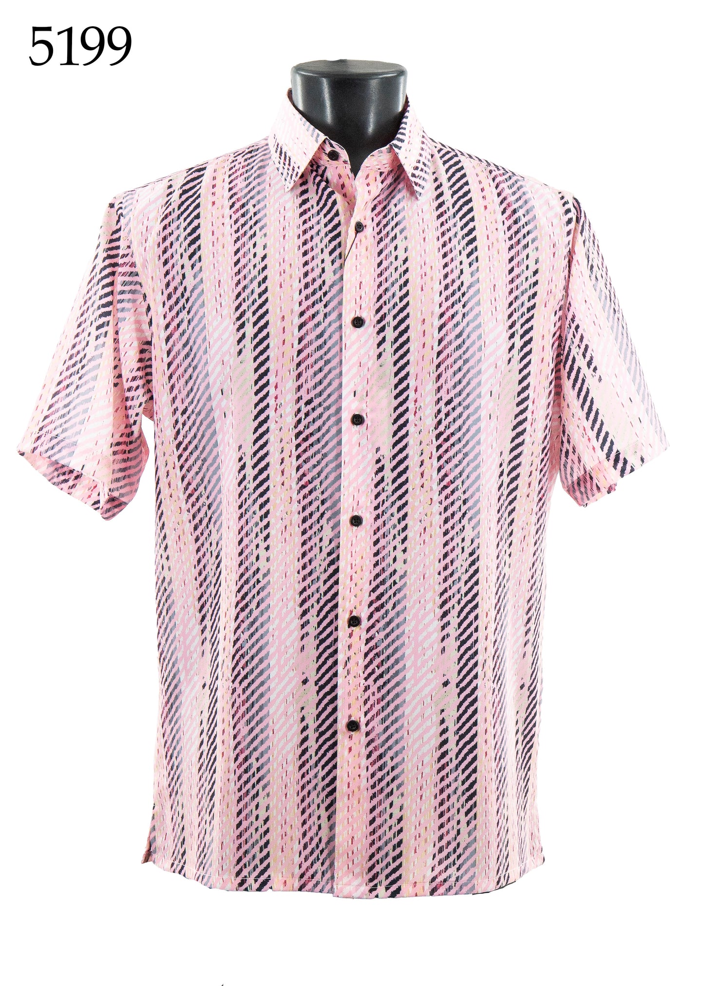 The Bassiri Short Sleeve Shirt 5199 by Bassiri features a regular fit and pink, black, and white vertical stripes, shown on a mannequin torso.