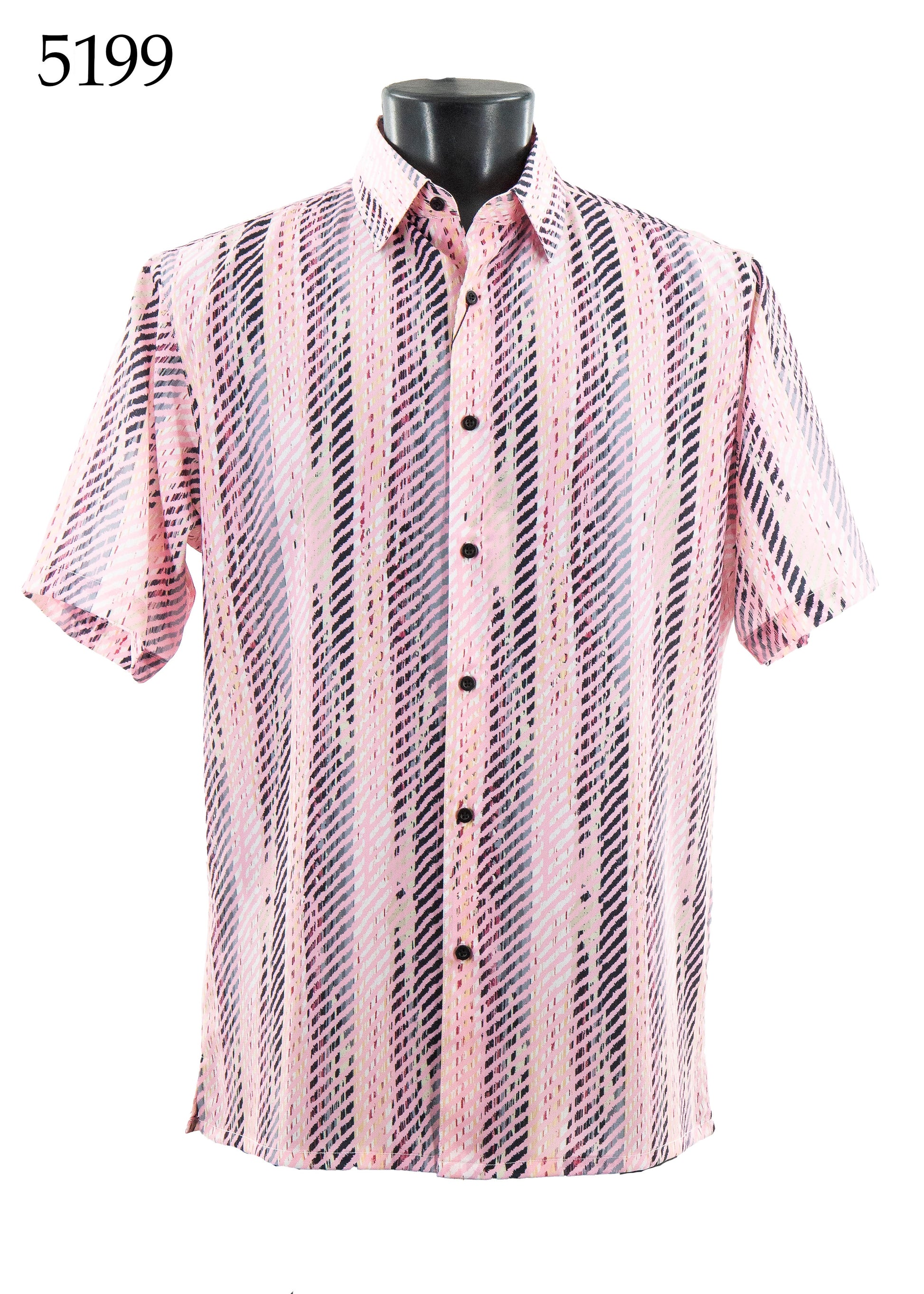 The Bassiri Short Sleeve Shirt 5199 by Bassiri features a regular fit and pink, black, and white vertical stripes, shown on a mannequin torso.