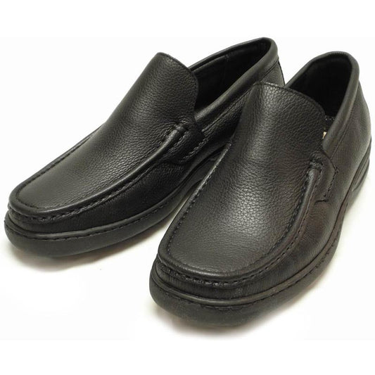 A pair of Pinoso's P-5202 Paco Black Slip on Loafer men's shoes, made in Spain, featuring textured black Nappa leather uppers and rounded toes, displayed side by side on a white background.