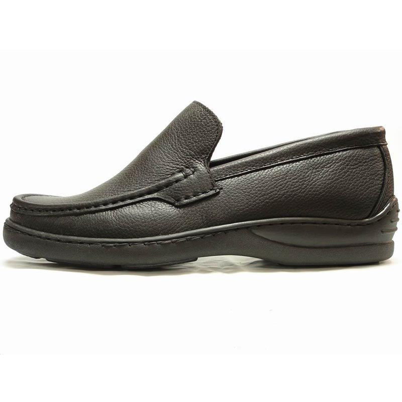 A pair of Pinoso's P-5202 Paco Black Slip on Loafer men's shoes, made in Spain, featuring textured black Nappa leather uppers and rounded toes, displayed side by side on a white background.