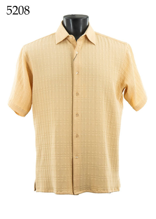 The Bassiri Short Sleeve Shirt 5208, a regular-fit beige textured button-up, is shown on a black mannequin torso with "5208" in the top left corner.