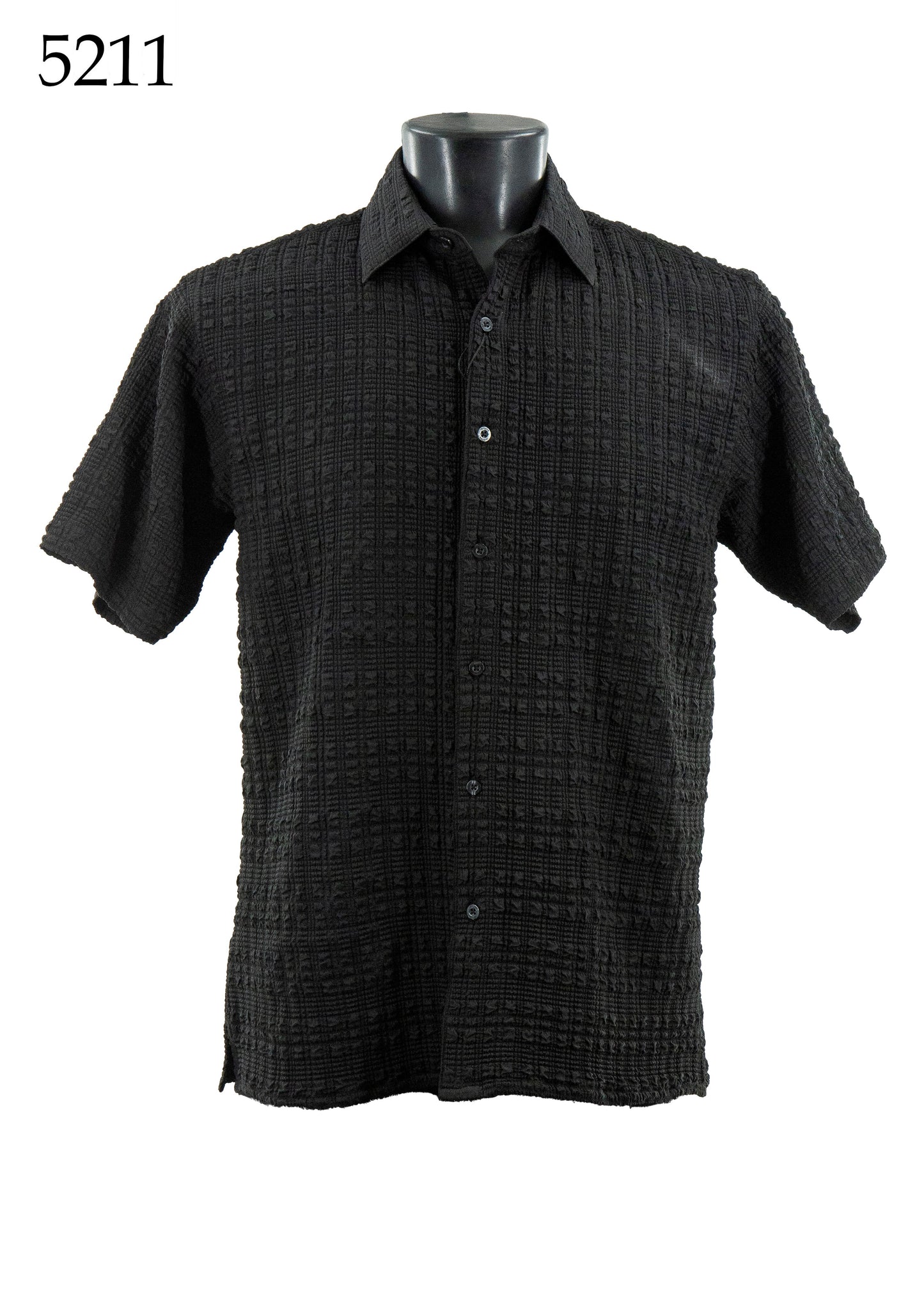 The Bassiri Short Sleeve Shirt 5211 by Bassiri is a black, regular-fit button-up with a textured checkered pattern, shown on a mannequin torso; "5211" is displayed in the top left corner.