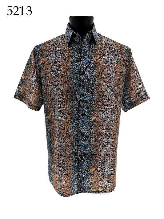 Bassiri Short Sleeve Shirt 5213 by Bassiri, featuring a regular fit and multicolor geometric pattern, is displayed on a black mannequin torso. The number 5213 appears in the top left corner.