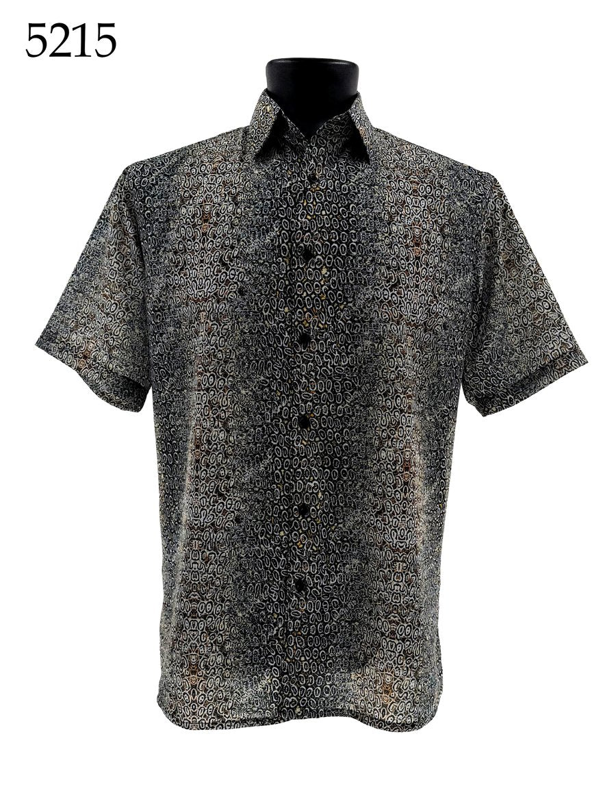 The Bassiri Short Sleeve Shirt 5215 by Bassiri features a regular fit, button-up style with black, brown, and white geometric patterns. Displayed on a mannequin with the number 5215 in the top left corner.