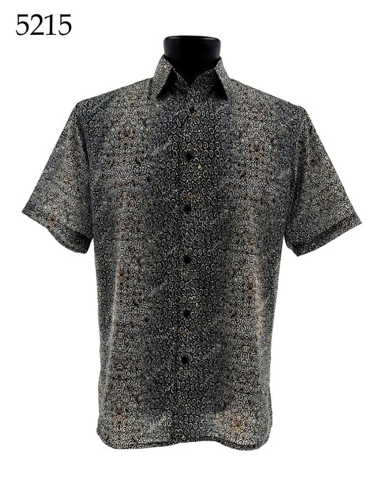 The Bassiri Short Sleeve Shirt 5215 by Bassiri features a regular fit, button-up style with black, brown, and white geometric patterns. Displayed on a mannequin with the number 5215 in the top left corner.