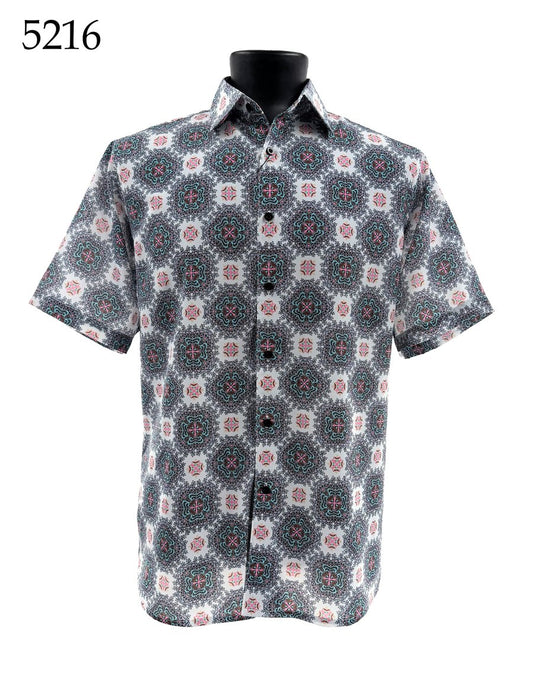 The Bassiri Short Sleeve Shirt 5216 by Bassiri, in a Regular Fit with a geometric and floral pattern in dark and light tones, is displayed on a black mannequin torso. The number 5216 is shown at the top left.