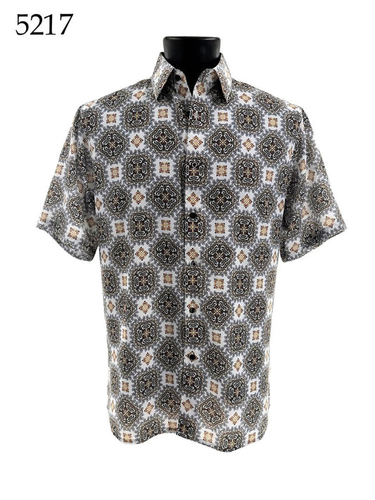 The Bassiri Short Sleeve Shirt 5217 by Bassiri, featuring a geometric black, white, and brown pattern, is displayed on a mannequin with the number 5217 shown in the top left corner.