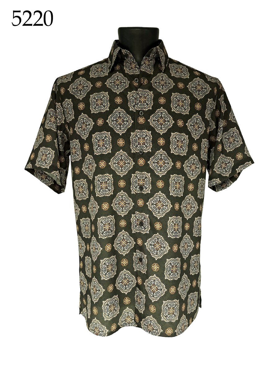 The Bassiri Short Sleeve Shirt 5220 by Bassiri features a geometric and floral pattern in black, white, and gold, shown on a black mannequin with "5220" in the top left corner. Regular fit; short-sleeve button-up design.