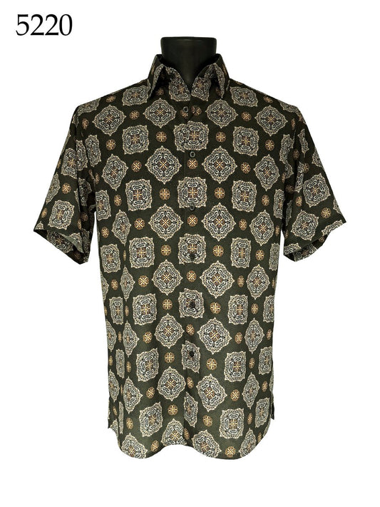 The Bassiri Short Sleeve Shirt 5220 by Bassiri features a geometric and floral pattern in black, white, and gold, shown on a black mannequin with "5220" in the top left corner. Regular fit; short-sleeve button-up design.