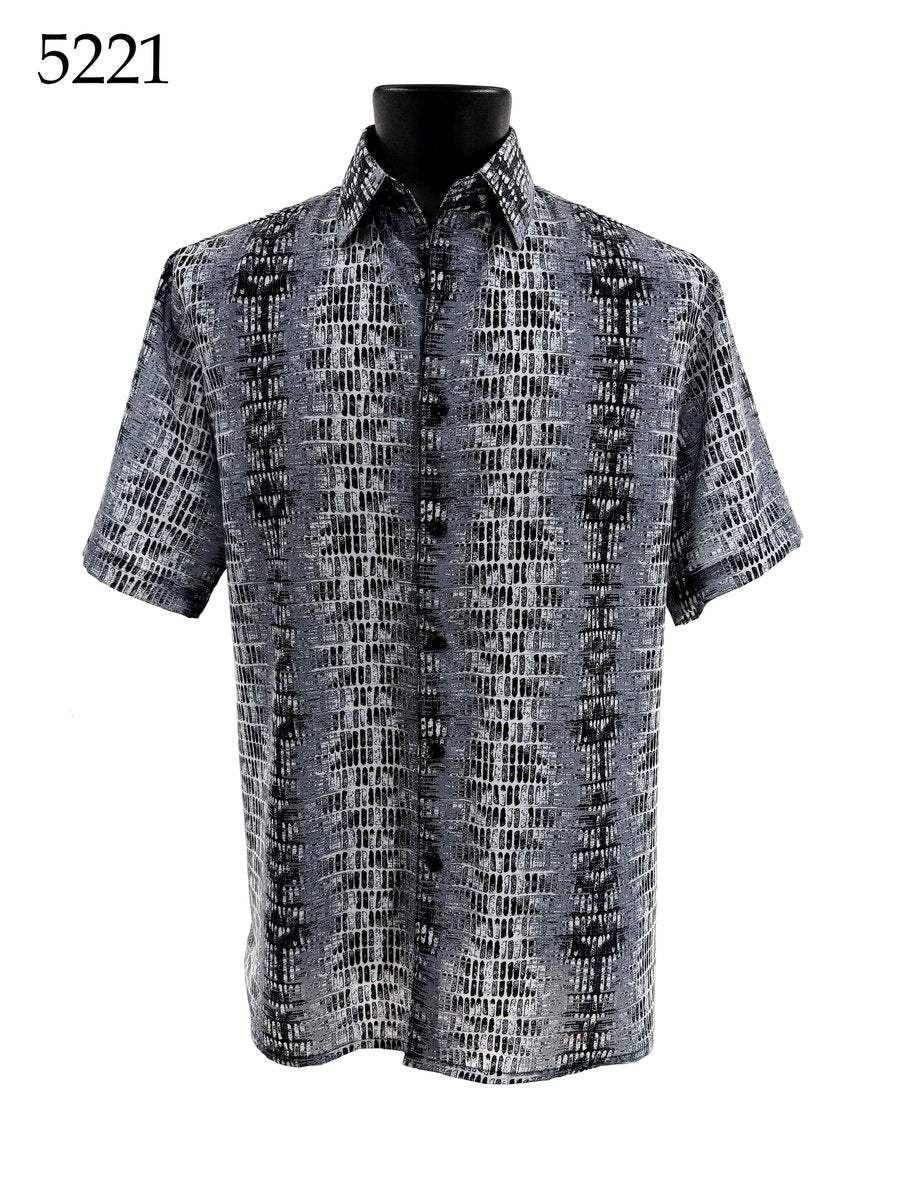 The Bassiri Short Sleeve Shirt 5221 by Bassiri is a regular fit button-up with a black, white, and gray abstract pattern, displayed on a mannequin. The number 5221 is shown in the top left corner.