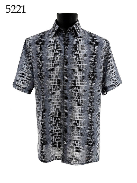 The Bassiri Short Sleeve Shirt 5221 by Bassiri is a regular fit button-up with a black, white, and gray abstract pattern, displayed on a mannequin. The number 5221 is shown in the top left corner.