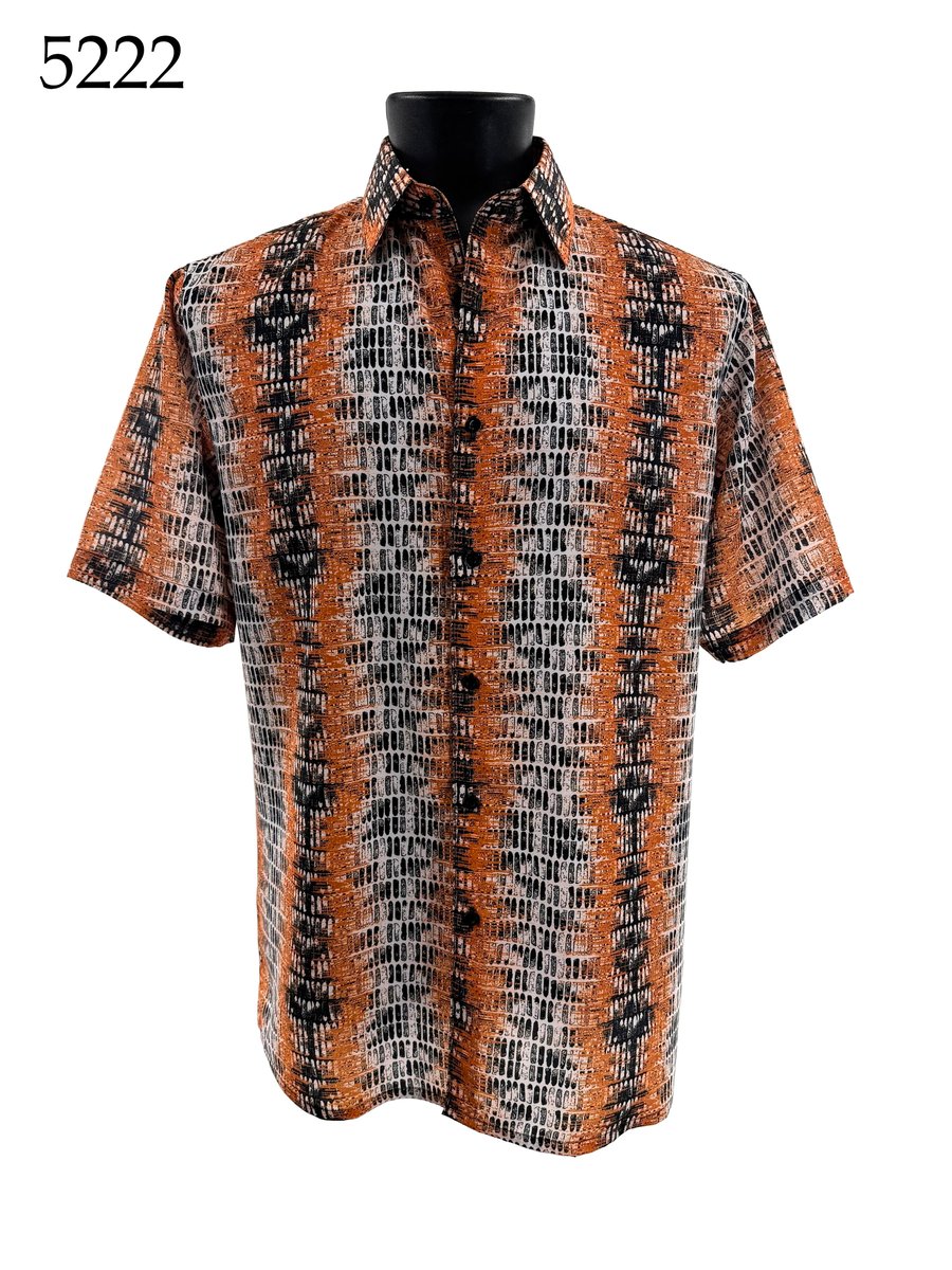 The Bassiri Short Sleeve Shirt 5222 by Bassiri features a regular fit and geometric orange, black, and white pattern, displayed on a mannequin with the number 5222 in the top left corner.