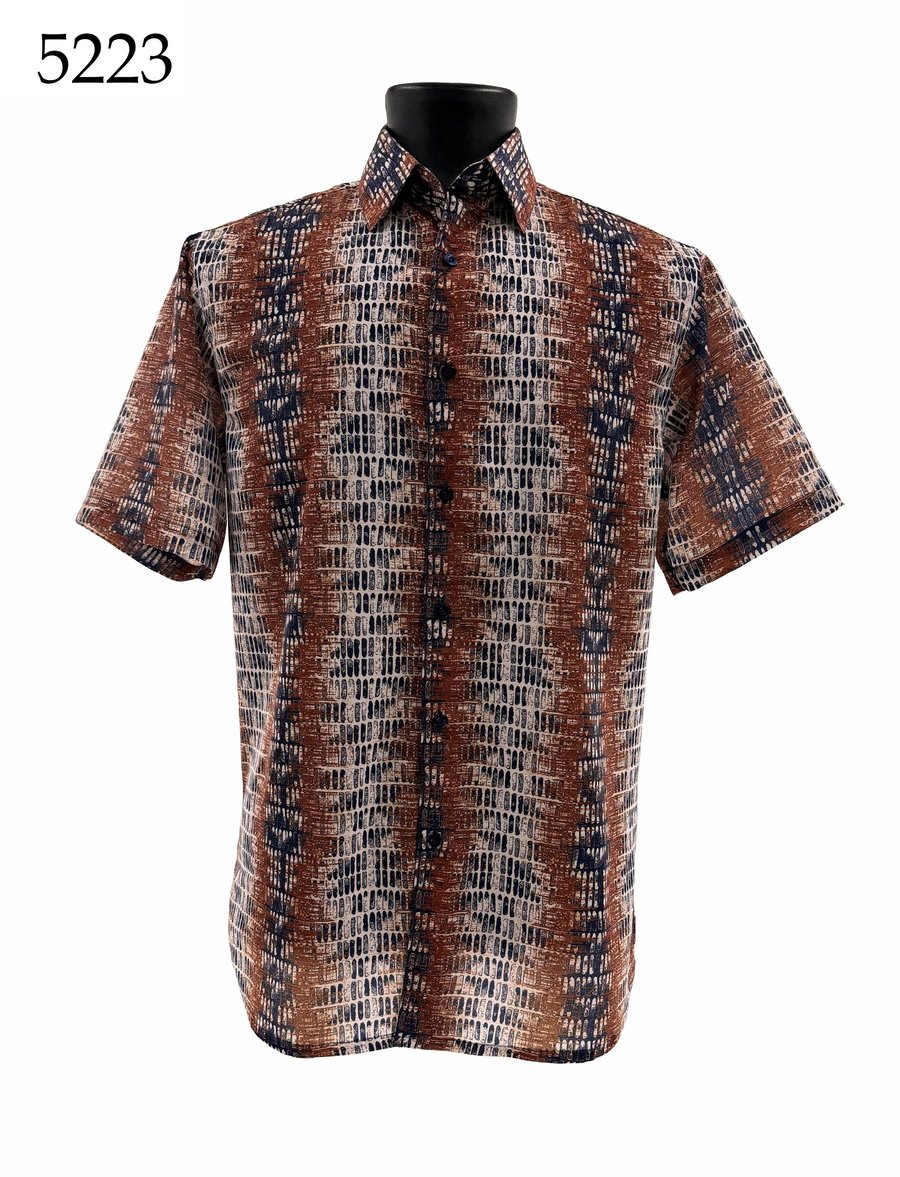 The Bassiri Short Sleeve Shirt 5223 by Bassiri features a regular fit and button-up design with a brown, beige, and black abstract vertical pattern, shown on a mannequin with the number 5223 in the top left corner.