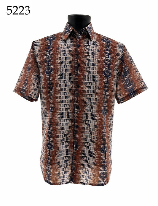 The Bassiri Short Sleeve Shirt 5223 by Bassiri features a regular fit and button-up design with a brown, beige, and black abstract vertical pattern, shown on a mannequin with the number 5223 in the top left corner.