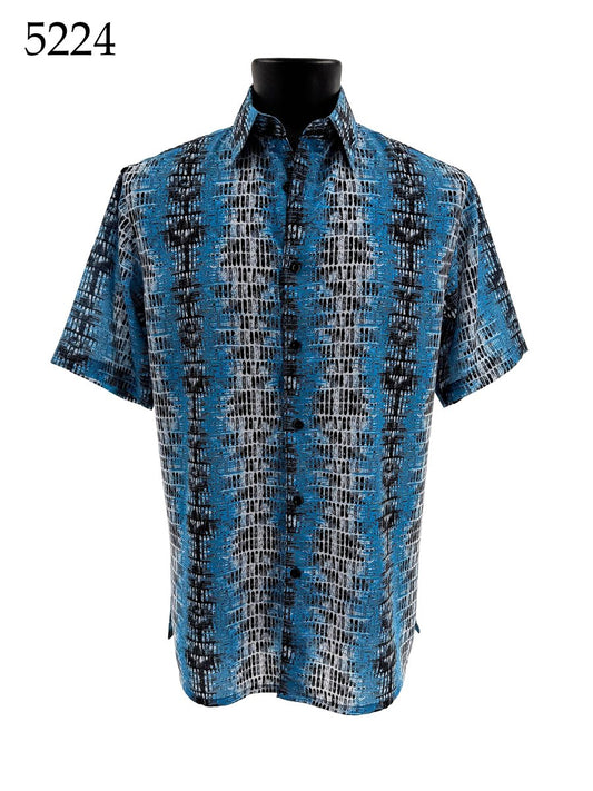 The Bassiri Short Sleeve Shirt 5224 by Bassiri features a comfortable Regular Fit and an abstract blue, black, and white pattern. Displayed on a mannequin with item number 5224 in the top left corner.