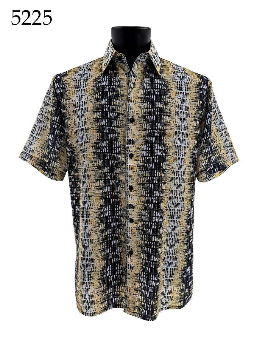 The Bassiri Short Sleeve Shirt 5225 by Bassiri features a regular fit, button-up style with a black, beige, and white abstract pattern, shown on a black mannequin torso. The number 5225 is in the top left corner.