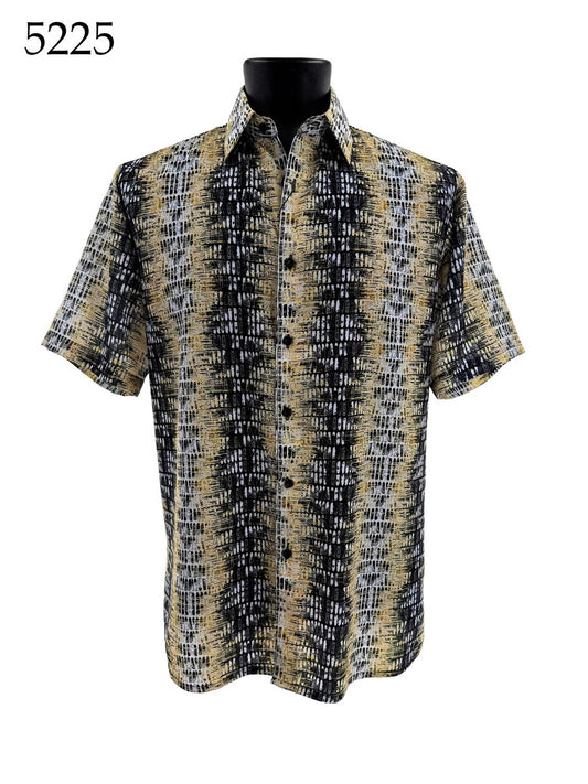 The Bassiri Short Sleeve Shirt 5225 by Bassiri features a regular fit, button-up style with a black, beige, and white abstract pattern, shown on a black mannequin torso. The number 5225 is in the top left corner.