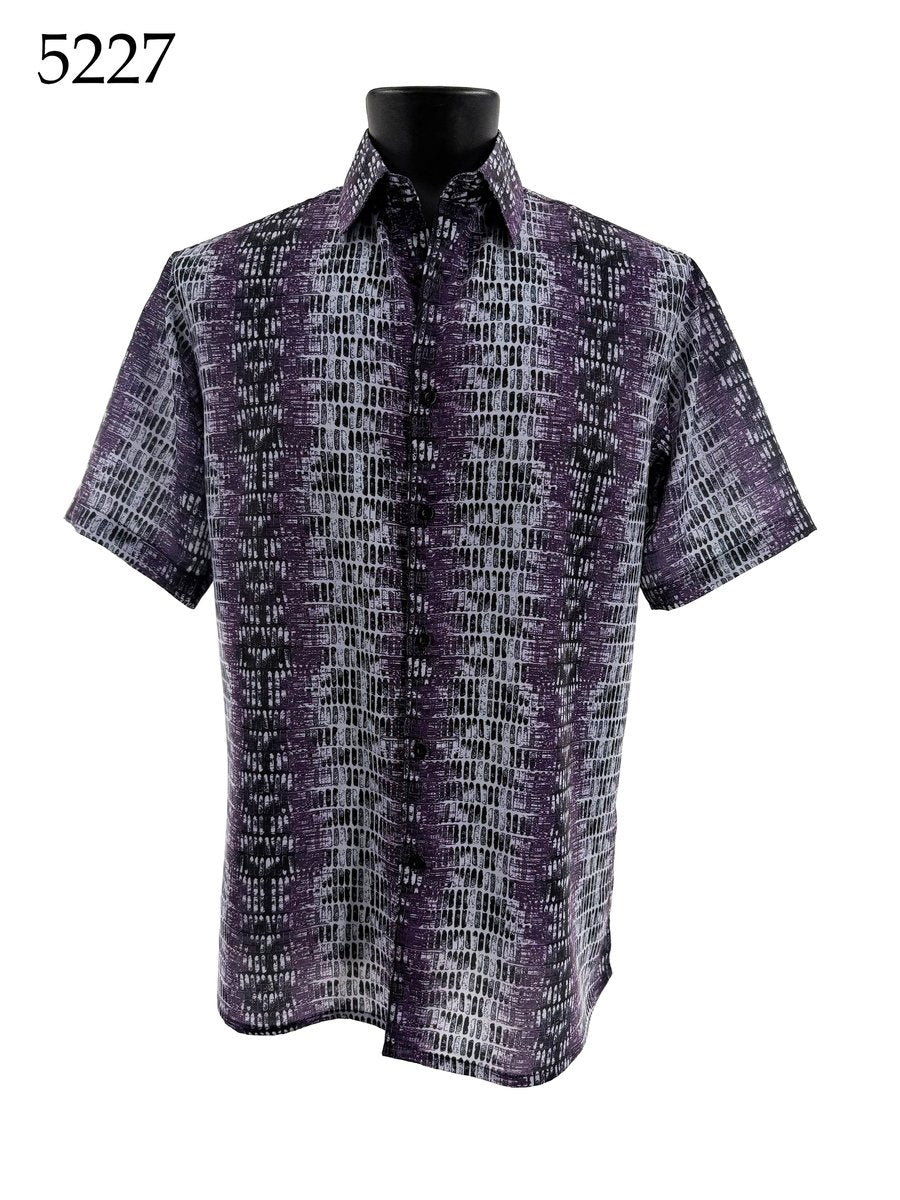 The Bassiri Short Sleeve Shirt 5227 by Bassiri features a regular fit and an abstract grid pattern in black, white, and purple, displayed on a black mannequin with the number 5227 shown in the top left corner.