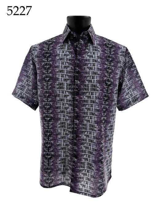The Bassiri Short Sleeve Shirt 5227 by Bassiri features a regular fit and an abstract grid pattern in black, white, and purple, displayed on a black mannequin with the number 5227 shown in the top left corner.