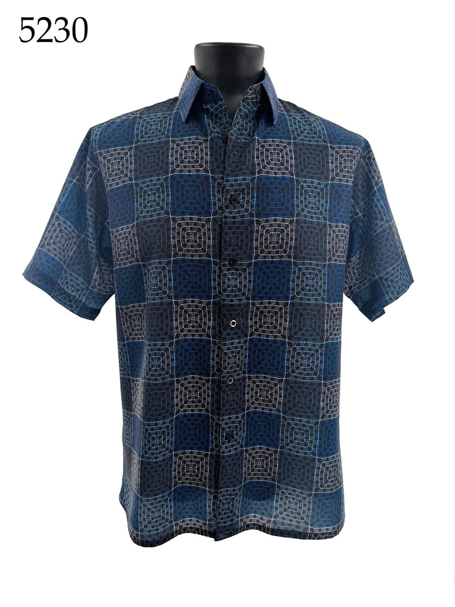 The Bassiri Short Sleeve Shirt 5230 by Bassiri features a regular fit and blue and black geometric square pattern, displayed on a black mannequin. The number 5230 appears in the top left corner.