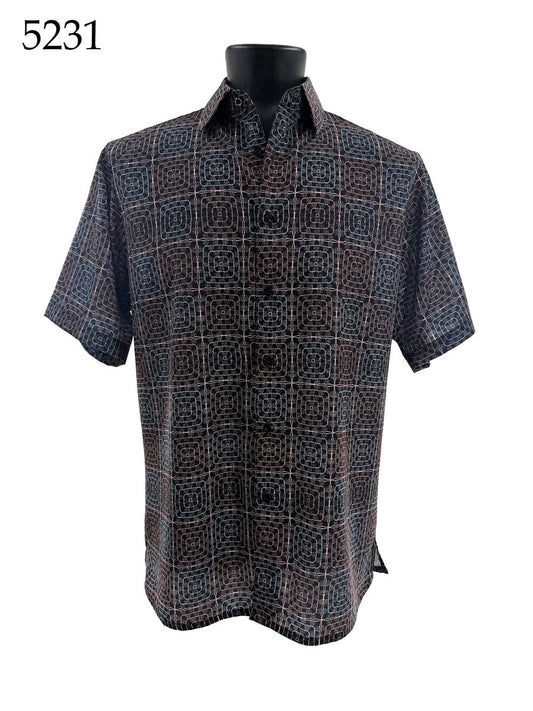 Bassiri Short Sleeve Shirt 5231 by Bassiri features a regular fit, short sleeves, and a black, brown, and white geometric square pattern. Displayed on a mannequin with number 5231 shown in the top left corner.