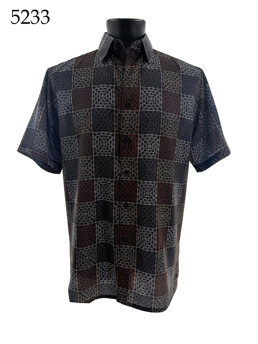 The Bassiri Short Sleeve Shirt 5233 by Bassiri features a regular fit and a brown, black, and gray geometric square pattern. Displayed on a black mannequin with the number 5233 in the top left corner.