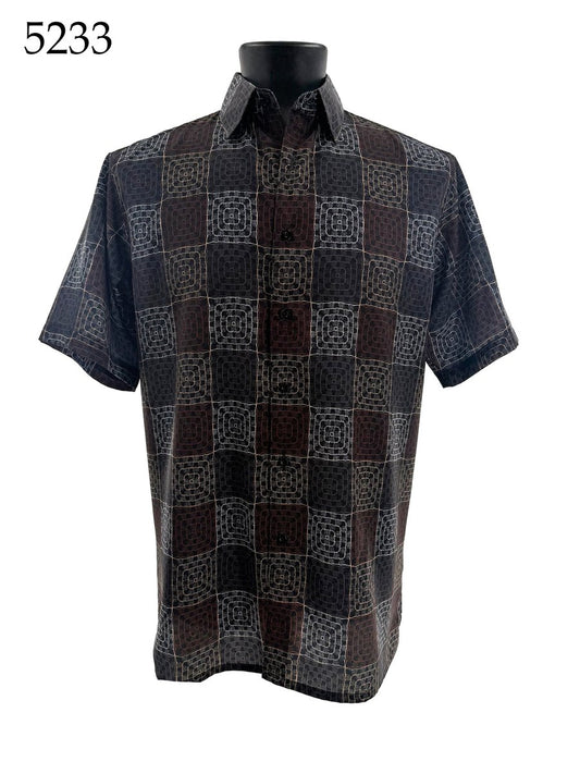 The Bassiri Short Sleeve Shirt 5233 by Bassiri features a regular fit and a brown, black, and gray geometric square pattern. Displayed on a black mannequin with the number 5233 in the top left corner.