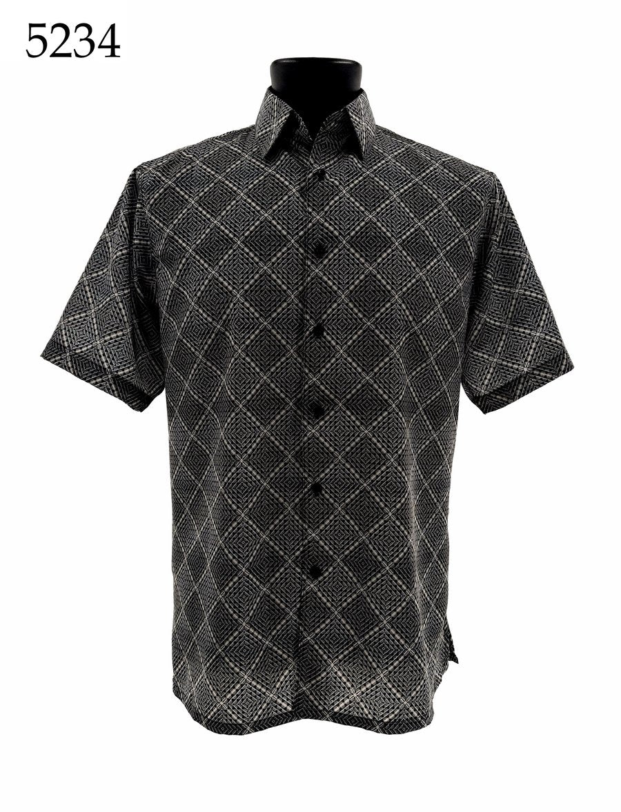 The Bassiri Short Sleeve Shirt 5234 by Bassiri is a regular fit, short-sleeve, button-up shirt with a black and white checkered pattern, shown on a mannequin.