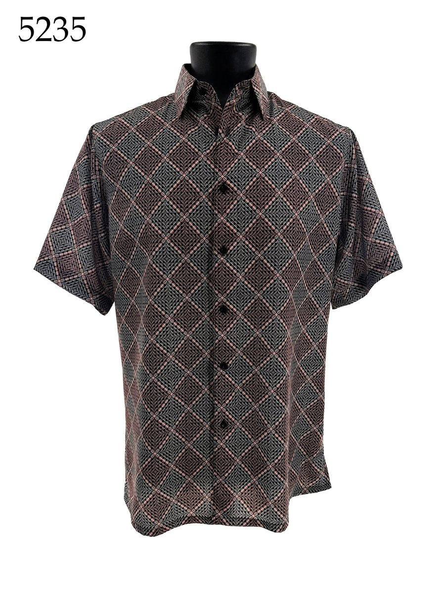 The Bassiri Short Sleeve Shirt 5235 by Bassiri, featuring a regular fit and black, white, and red geometric checkered pattern, is displayed on a mannequin. The number 5235 appears in the top left corner.