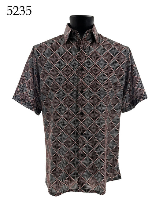 The Bassiri Short Sleeve Shirt 5235 by Bassiri, featuring a regular fit and black, white, and red geometric checkered pattern, is displayed on a mannequin. The number 5235 appears in the top left corner.